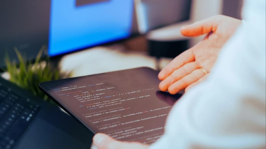 Hands holding a tablet displaying source code in an office