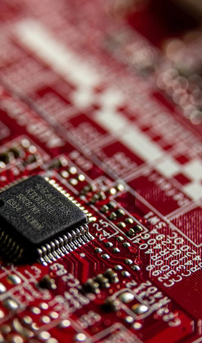 Close-up of a red circuit board and microchip